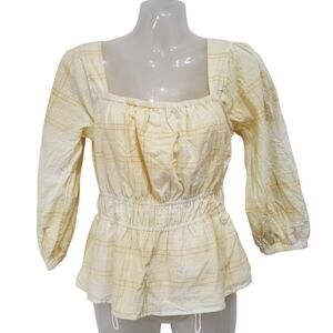 Free Assembly 3/4 Sleeve Square Neck Top Peplum Hem Cadmium Yellow Plaid Size XS